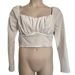 Astr The Label Cream Textured Cropped Top Size XL Long Sleeve Puff Shoulder Stre